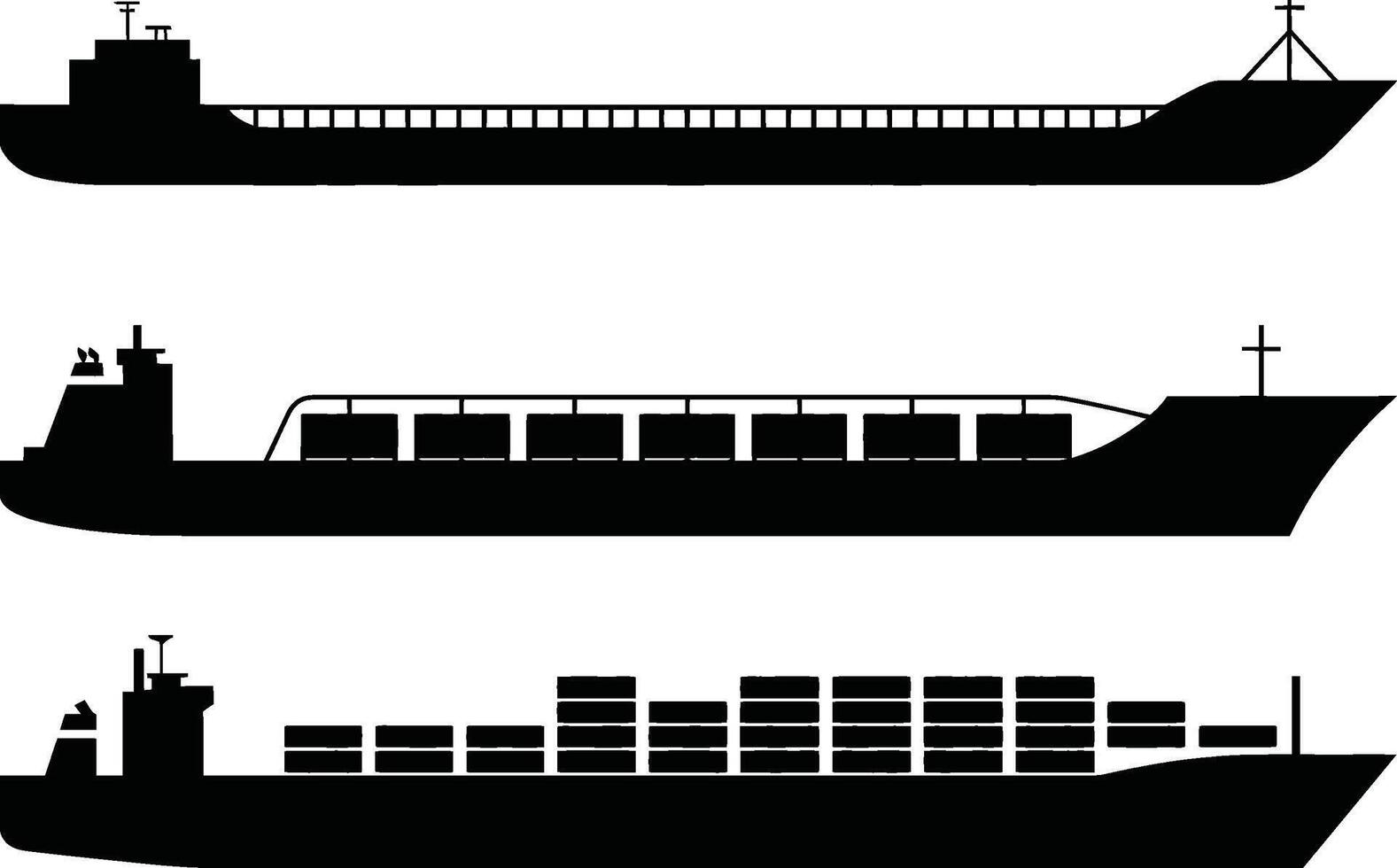 Three silhouetted cargo ships representing logistics transportation and global shipping industry vector