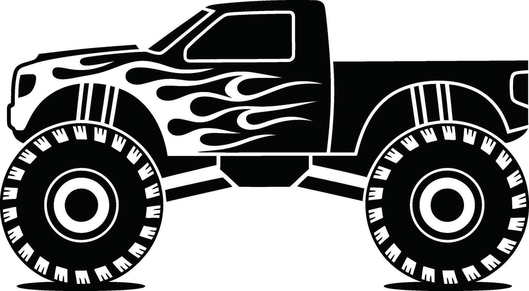 Black and white illustration of a monster truck with flame design tires and large wheels. vector