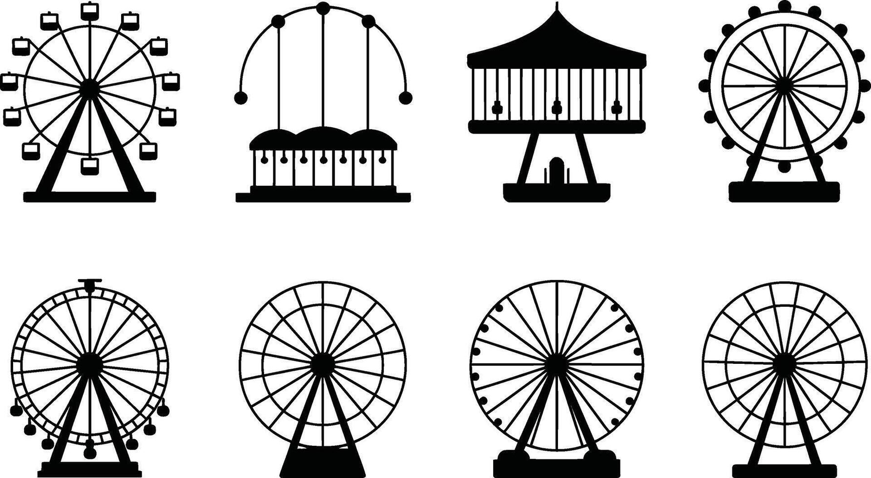 Set of simple black and white amusement park ride icons for design projects vector