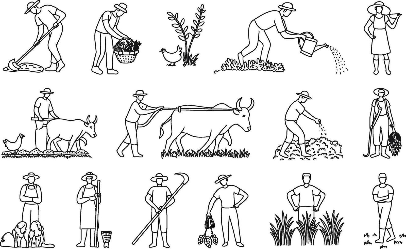 Farming agriculture collection depicting various rural activities in simple outline illustrations vector