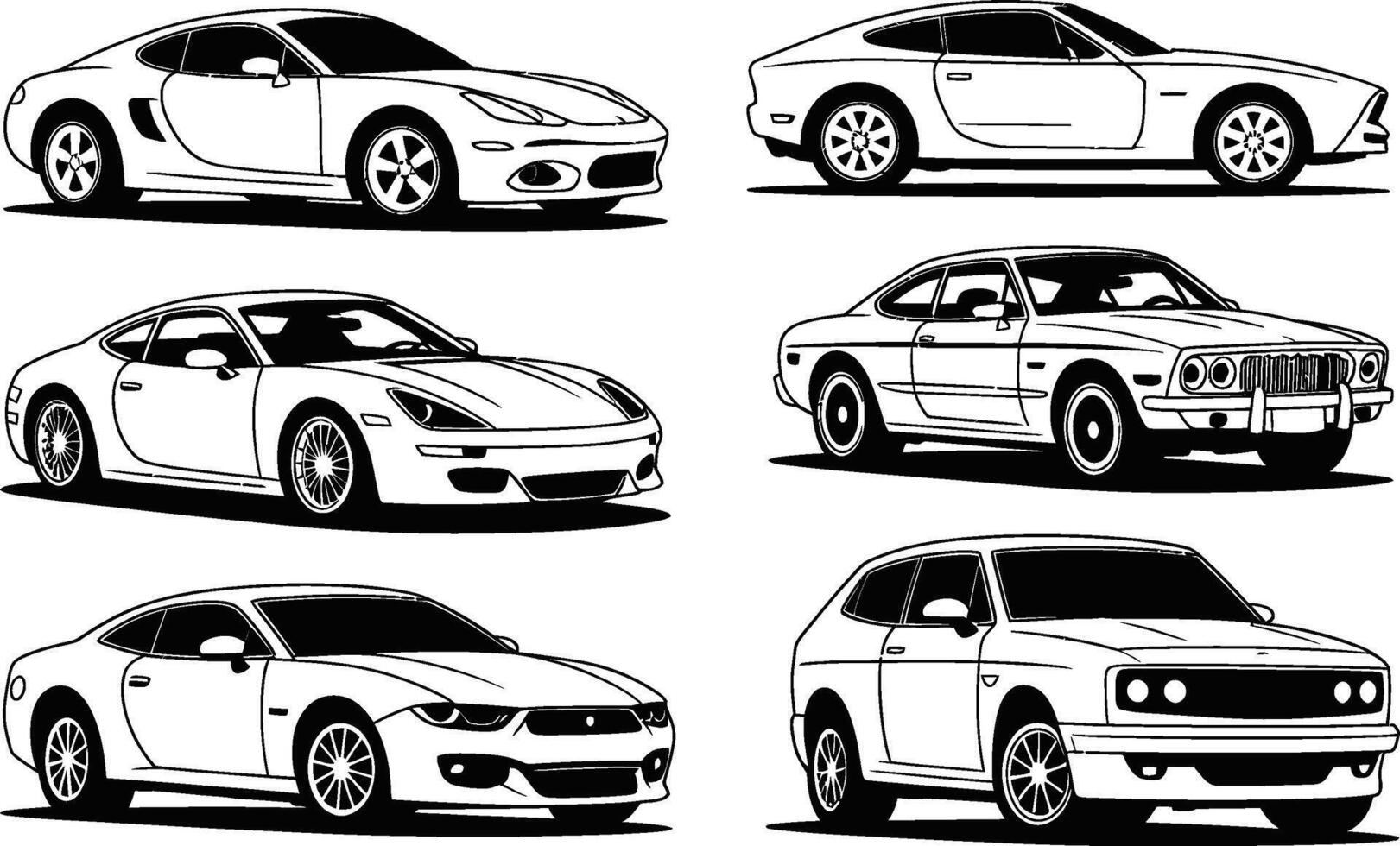 Collection of stylish vintage and modern car illustrations in outlined black and white design vector