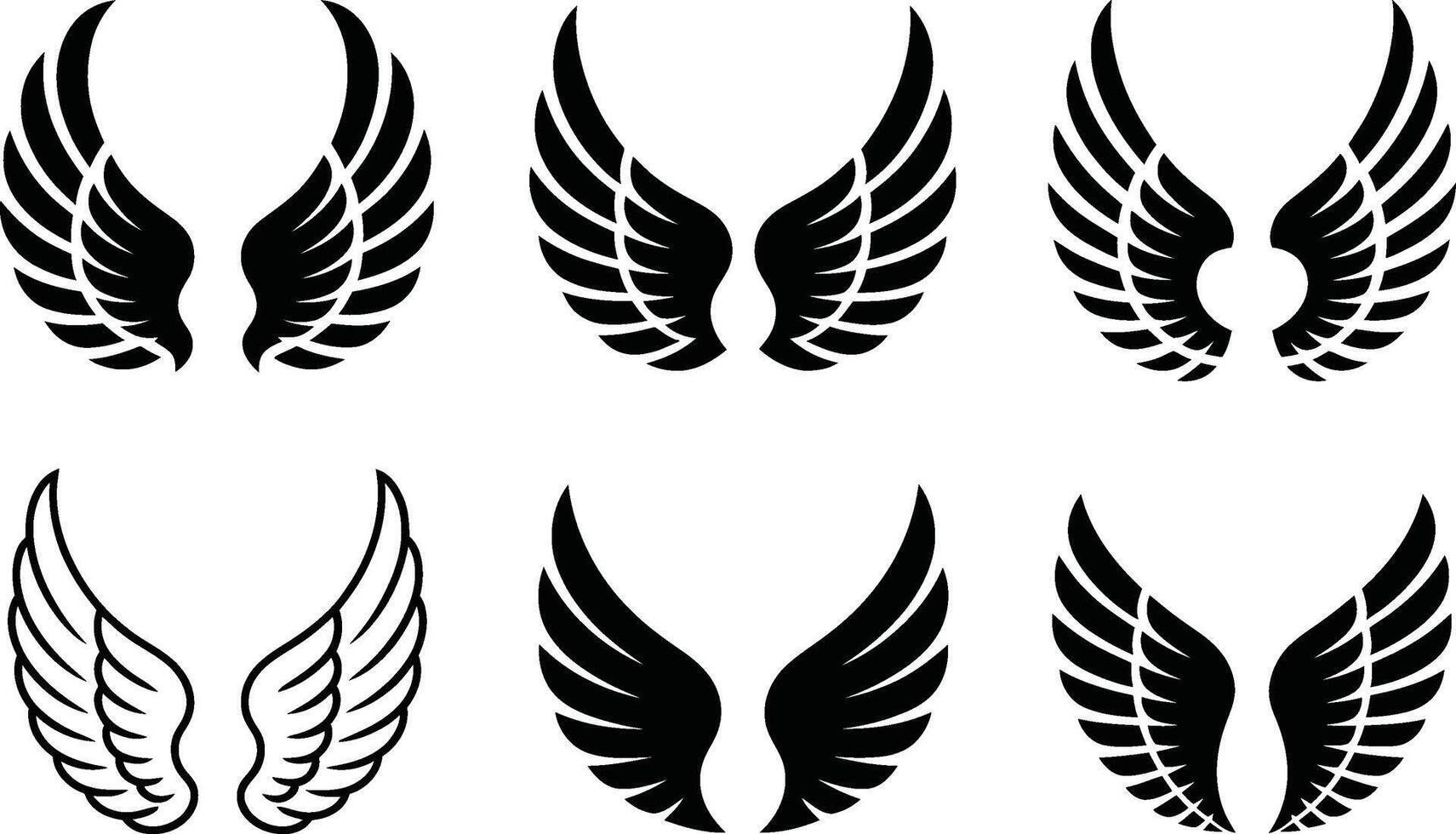 Collection of six black and white wing designs in different styles and formats vector