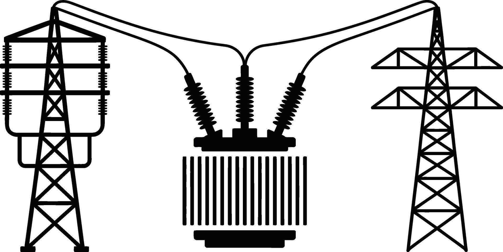 Black and white illustration of electricity grid infrastructure connecting power towers to transformer vector