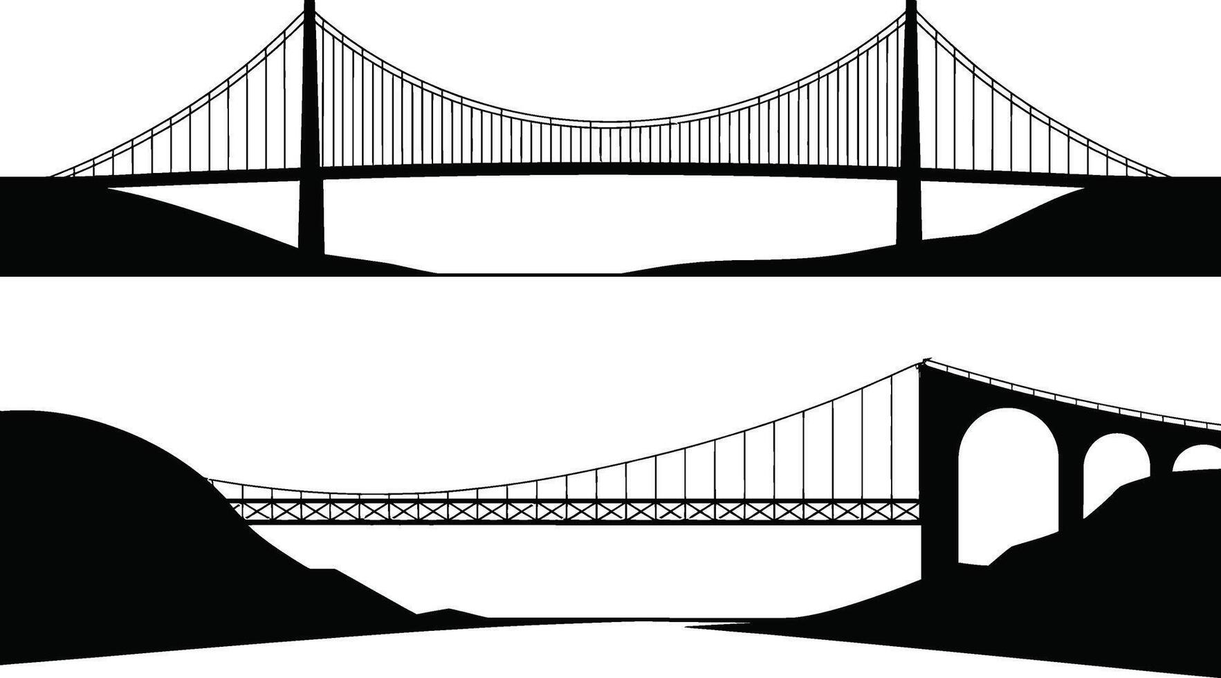 Two detailed black and white illustrations of different modern suspension bridges vector