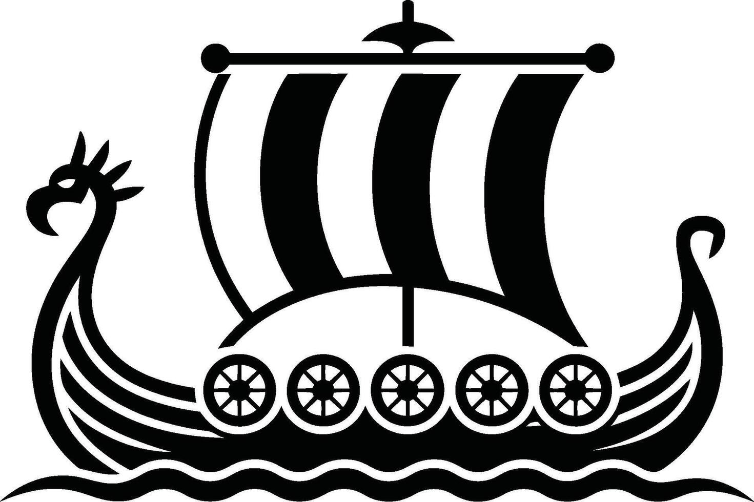 Black and white illustration of a viking longship sailing on a wavy sea with a dragon head. vector