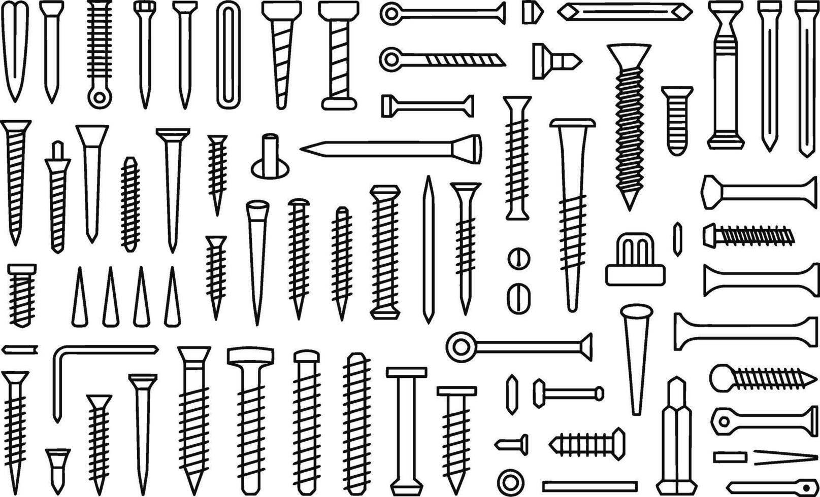 Collection of line art illustrations of various types of screws nails and fasteners vector