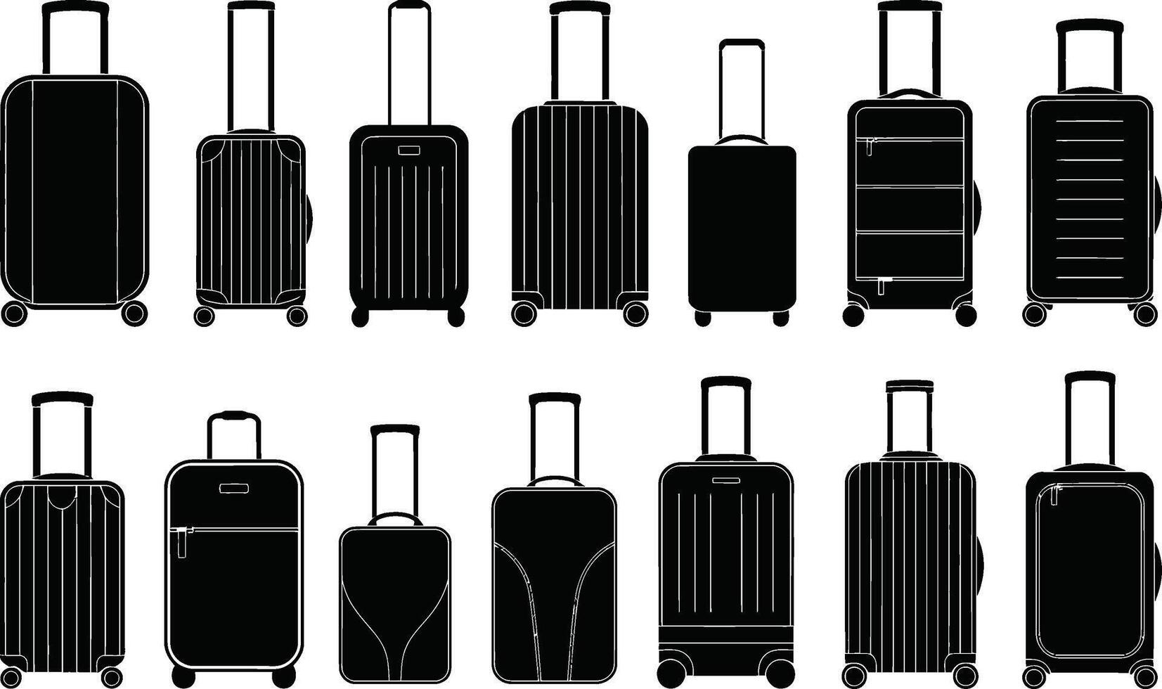 Black silhouette illustrations of various modern and stylish travel suitcases with wheels for travel and tourism. vector