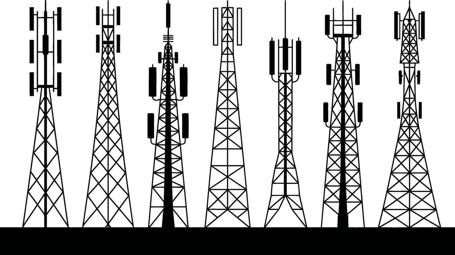 Collection of black and white silhouette illustrations depicting various communication towers and antennas vector