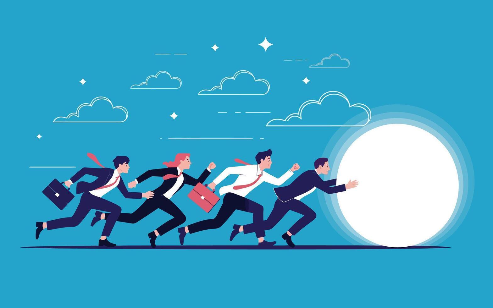 Business team cooperatively rolling a large circle upward representing goals and progress vector