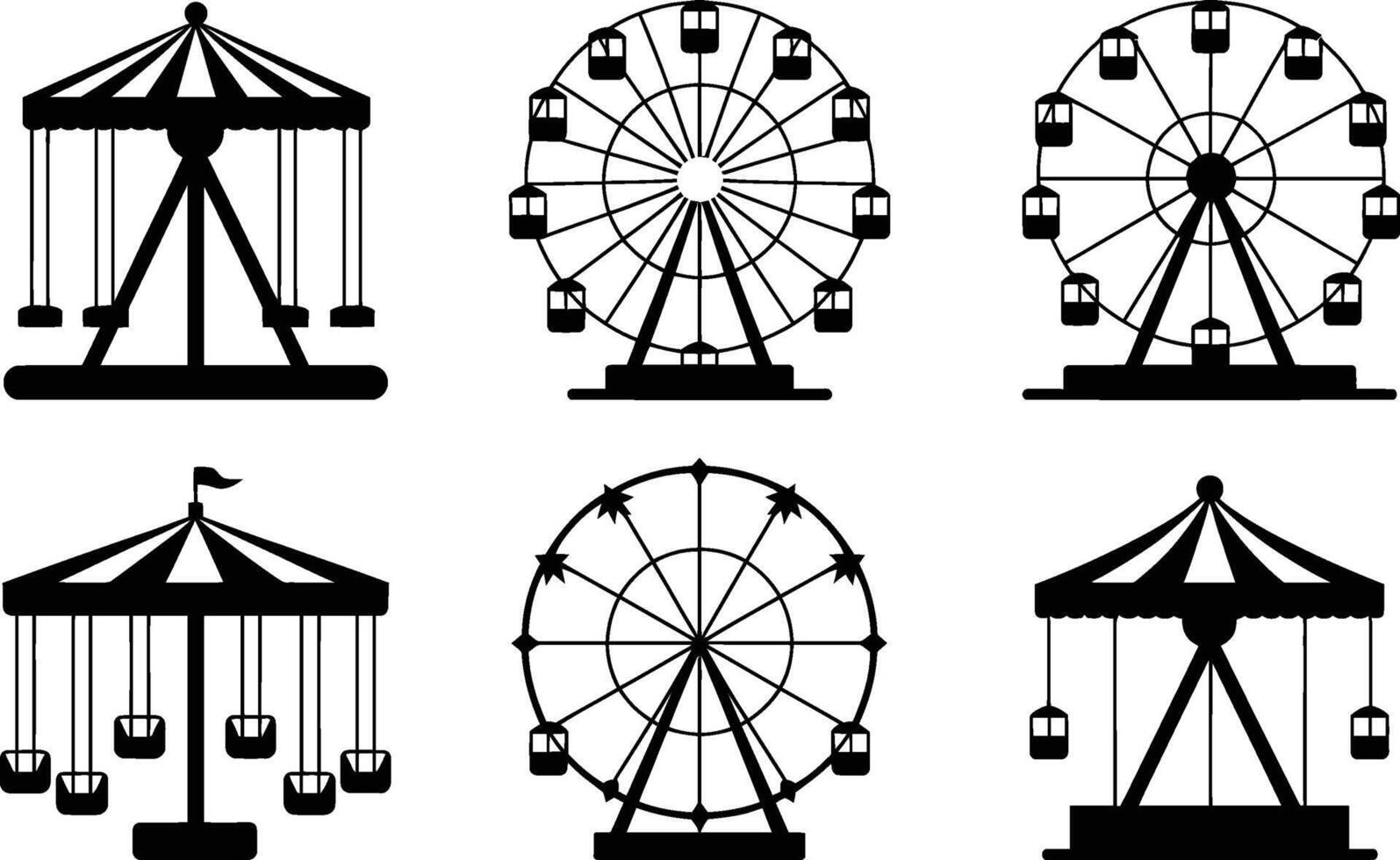 Black and white illustrations of carousel and ferris wheel amusement park ride silhouettes vector