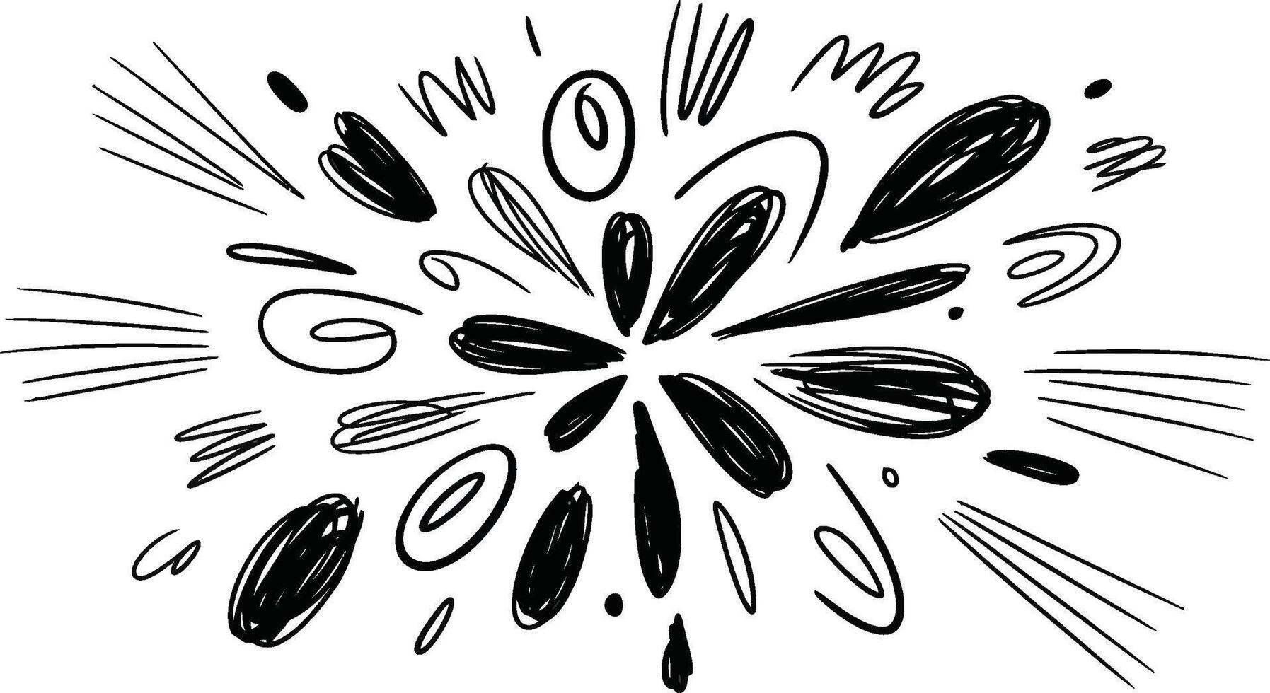 Hand drawn black and white burst illustration representing speed explosion impact energy and abstract concept vector