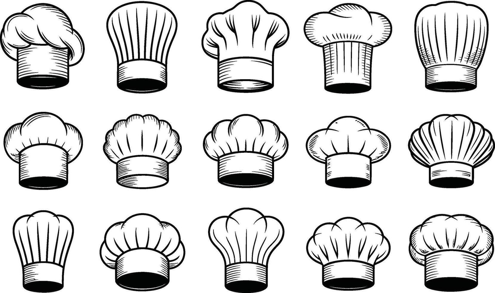 Collection of illustrated chef hats in various styles isolated on white background for culinary themes vector