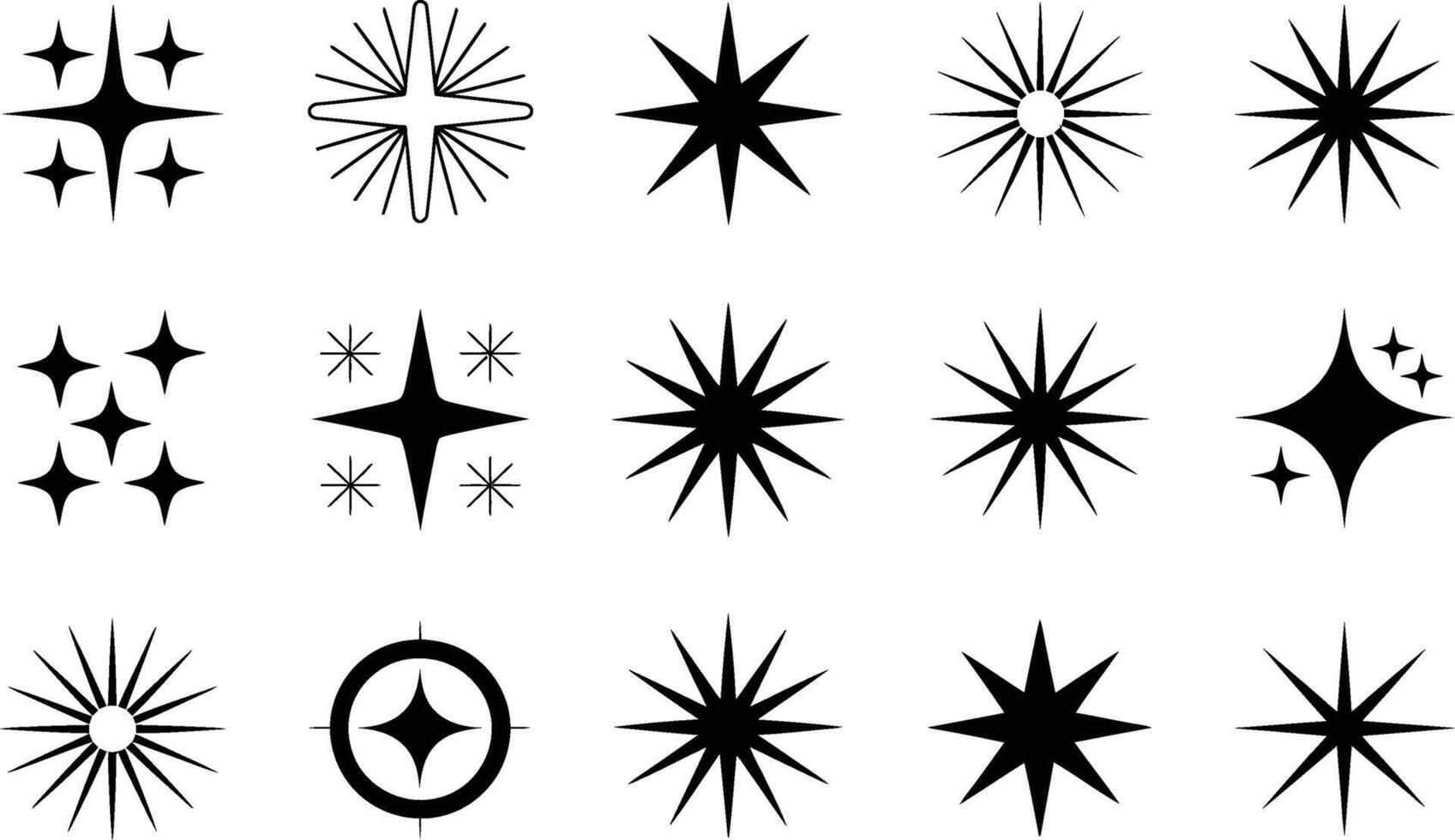Collection of black and white sparkle starburst icons for design elements and decoration vector