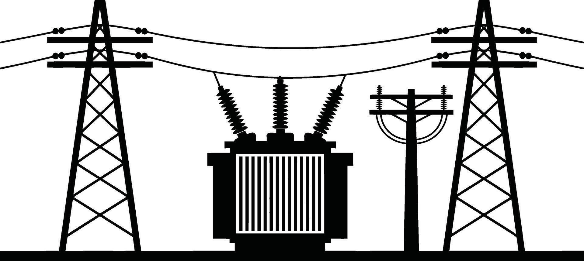 Electricity infrastructure illustration featuring power lines transformer and transmission towers in black and white vector
