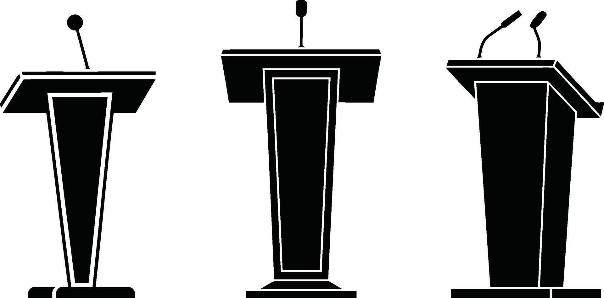 illustration set of speech podiums with microphones representing presentation conference and public speaking. vector