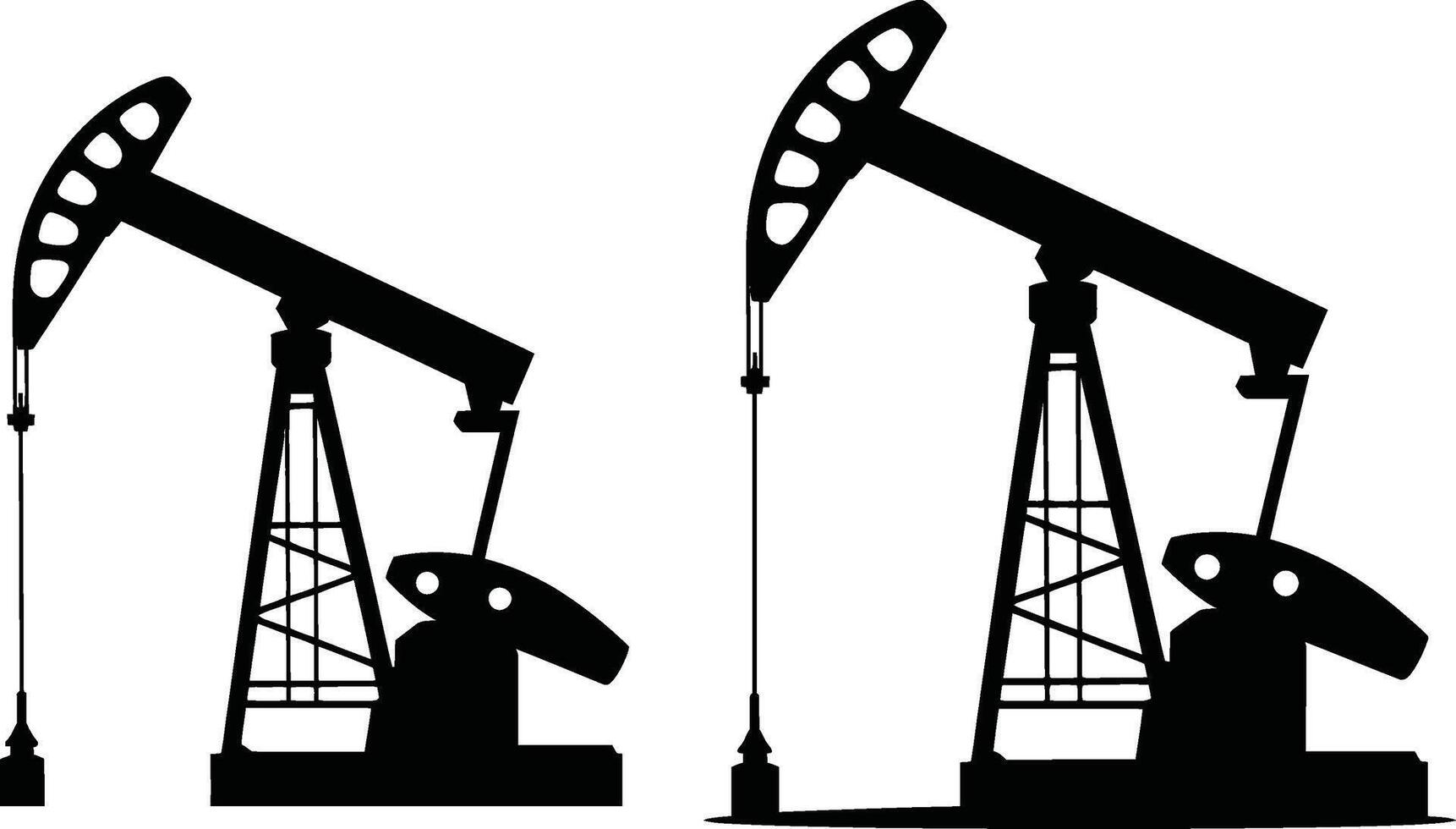 Two black oil pump jacks silhouettes on white background depicting the energy industry vector