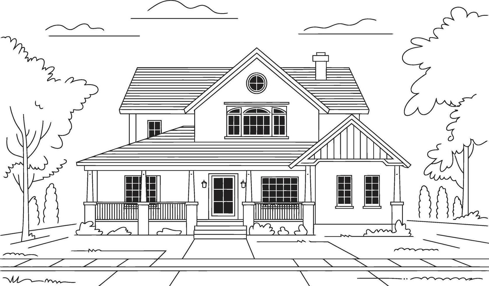 Elegant two-story home with a porch and lush landscaping in minimalist black and white style vector