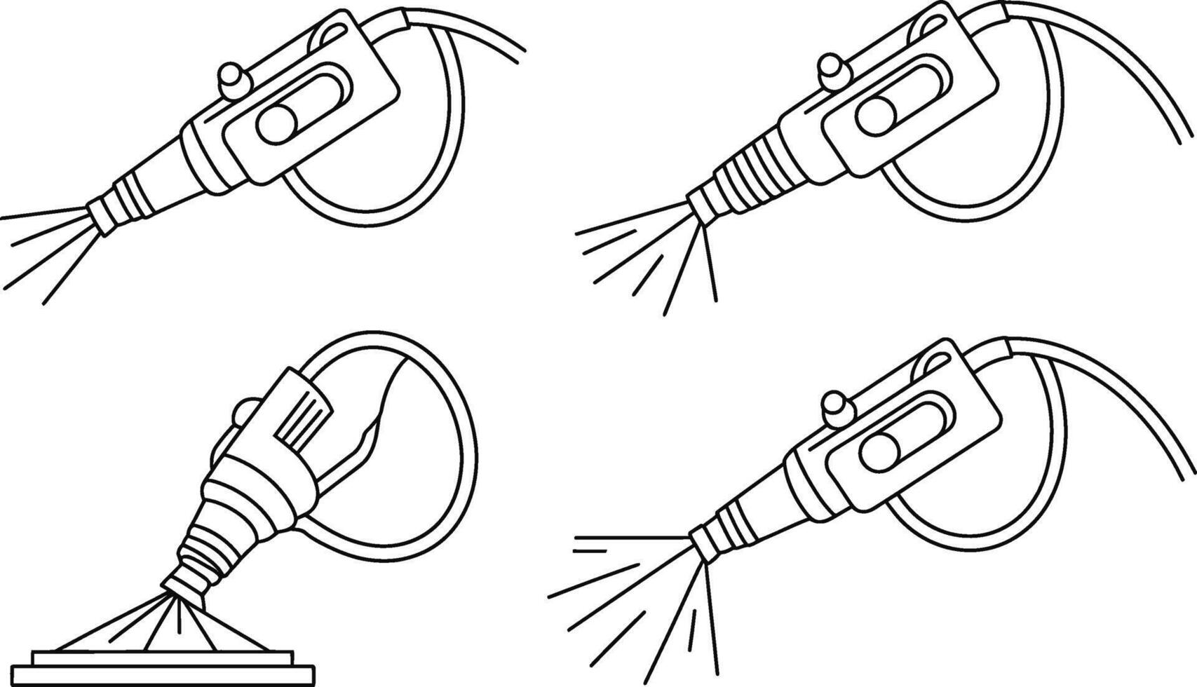 illustration of four different views of a handheld industrial sprayer spraying lines vector