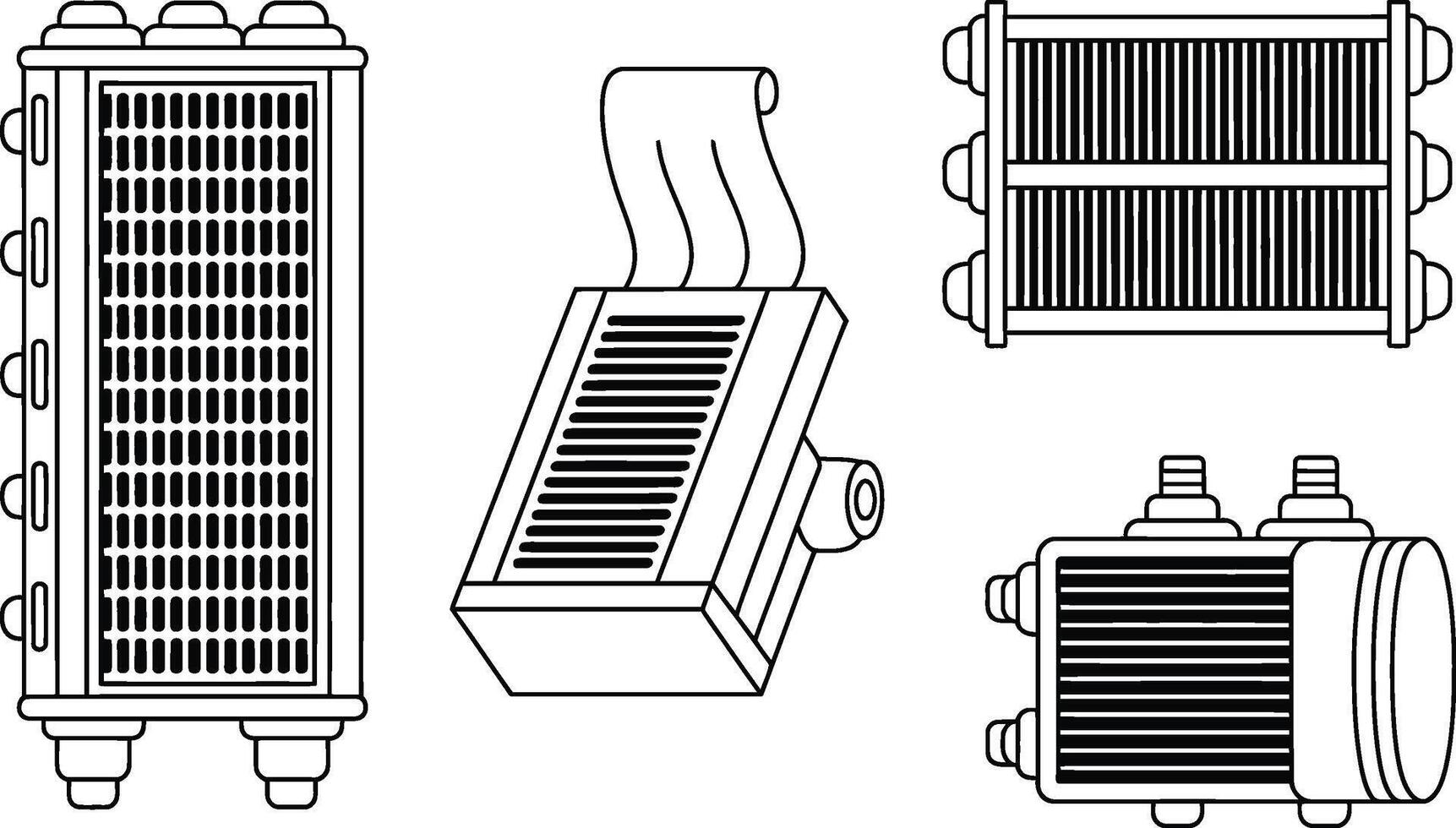 illustration of several outlined heating system components in a technical drawing style. vector