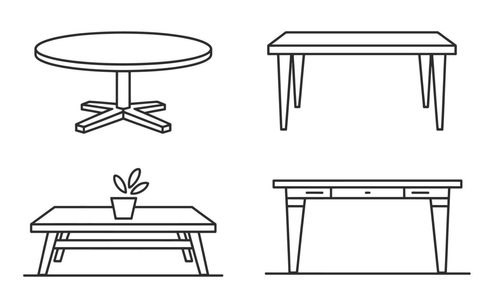 Simple line art illustrations of four different modern table designs for interior design vector