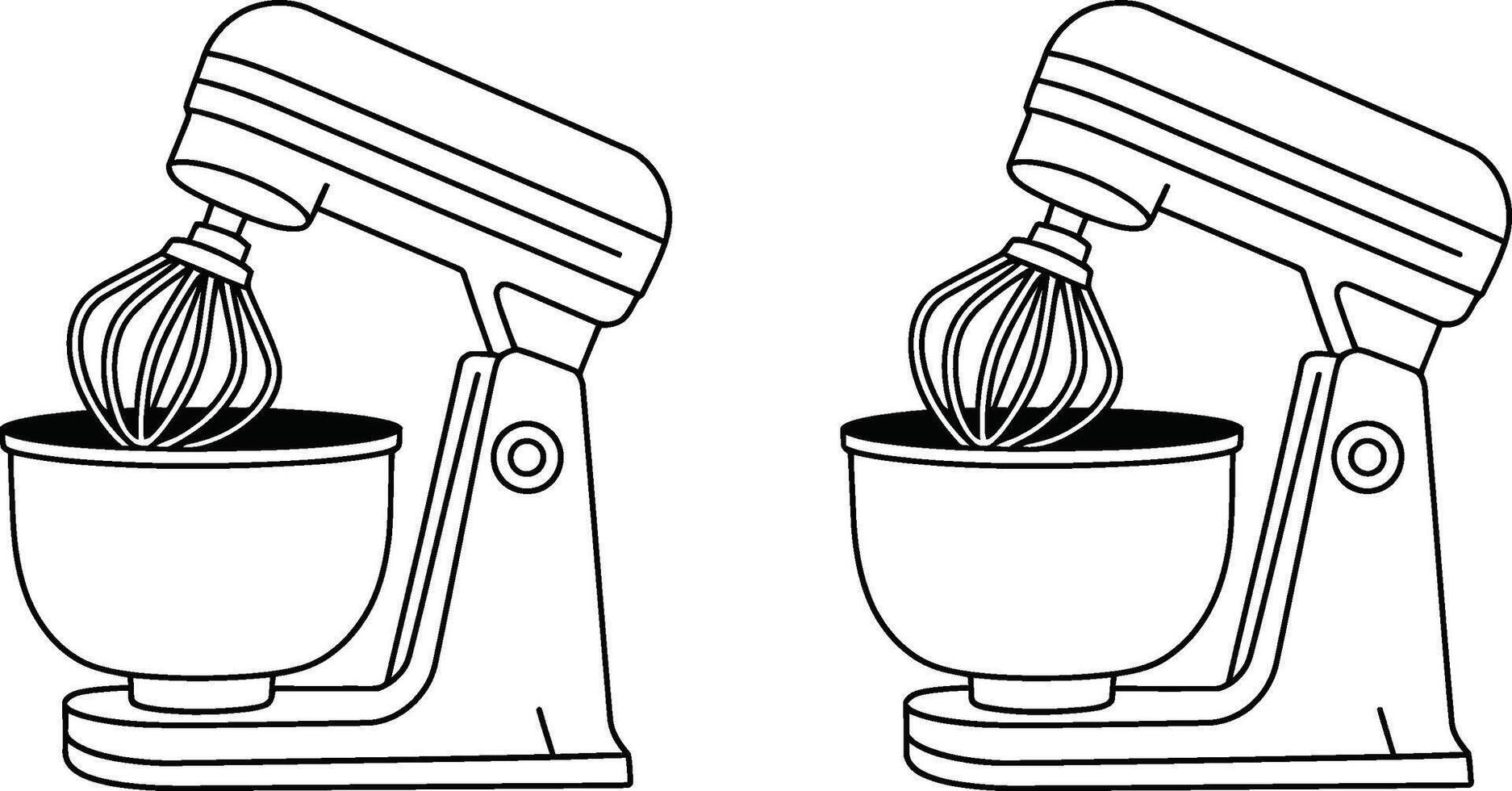 Two black and white line art illustrations of a stand mixer for baking and cooking. vector