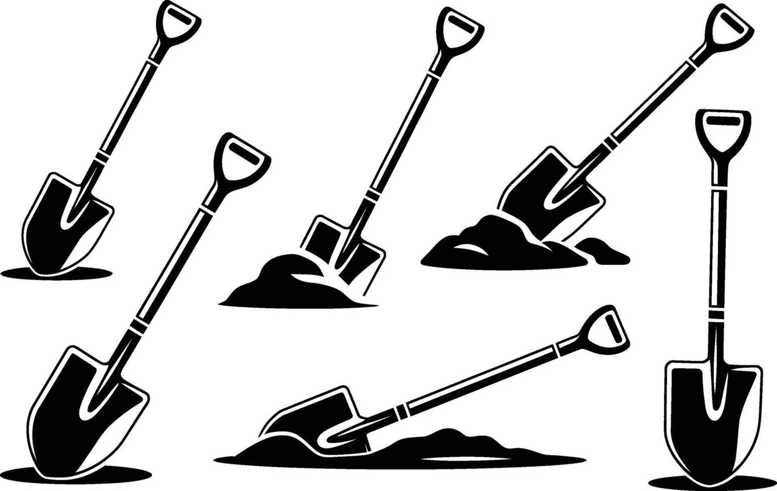Collection of black and white shovel illustrations for construction and gardening concepts vector