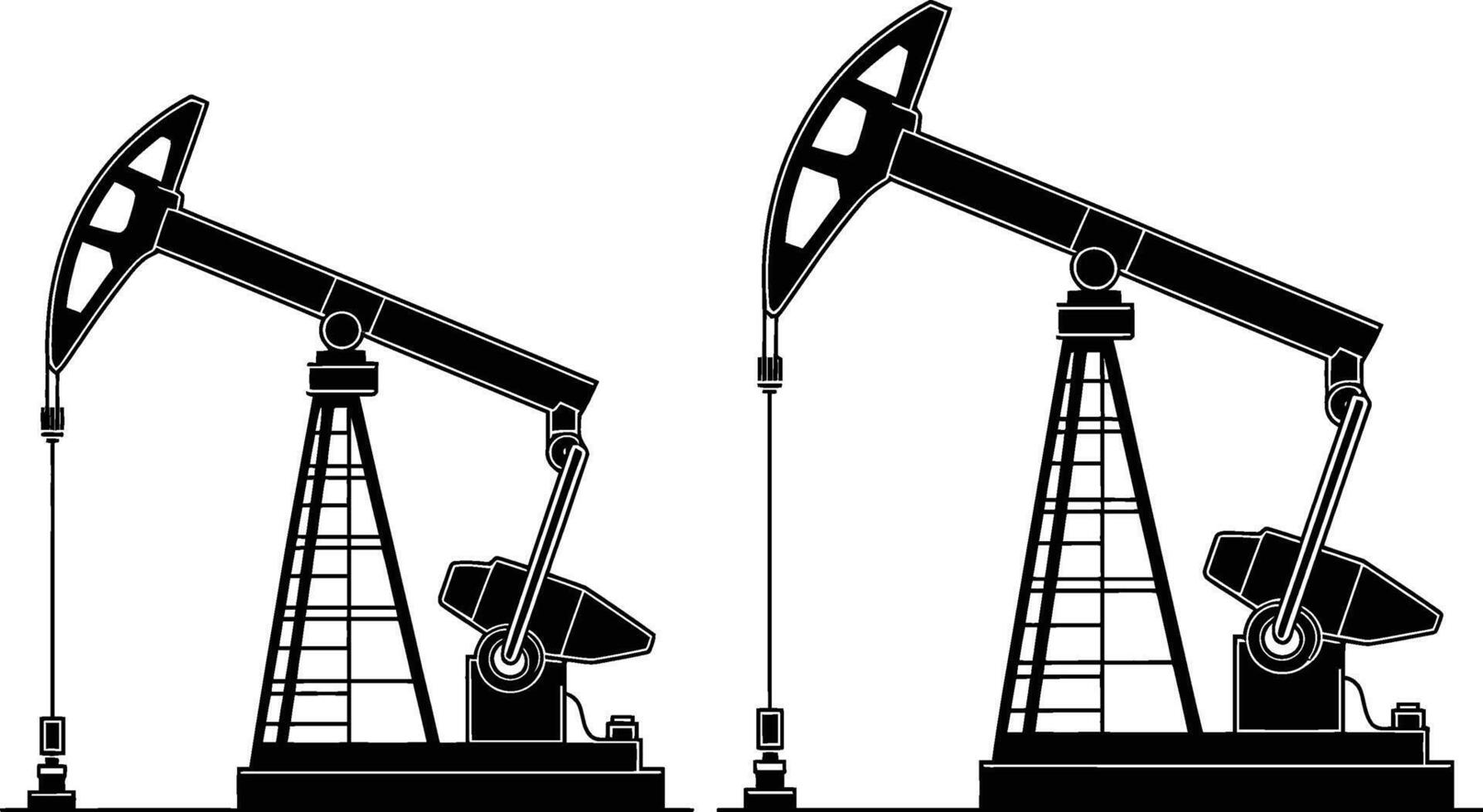 Two black and white illustrations of oil derrick pumps extracting crude oil resources vector