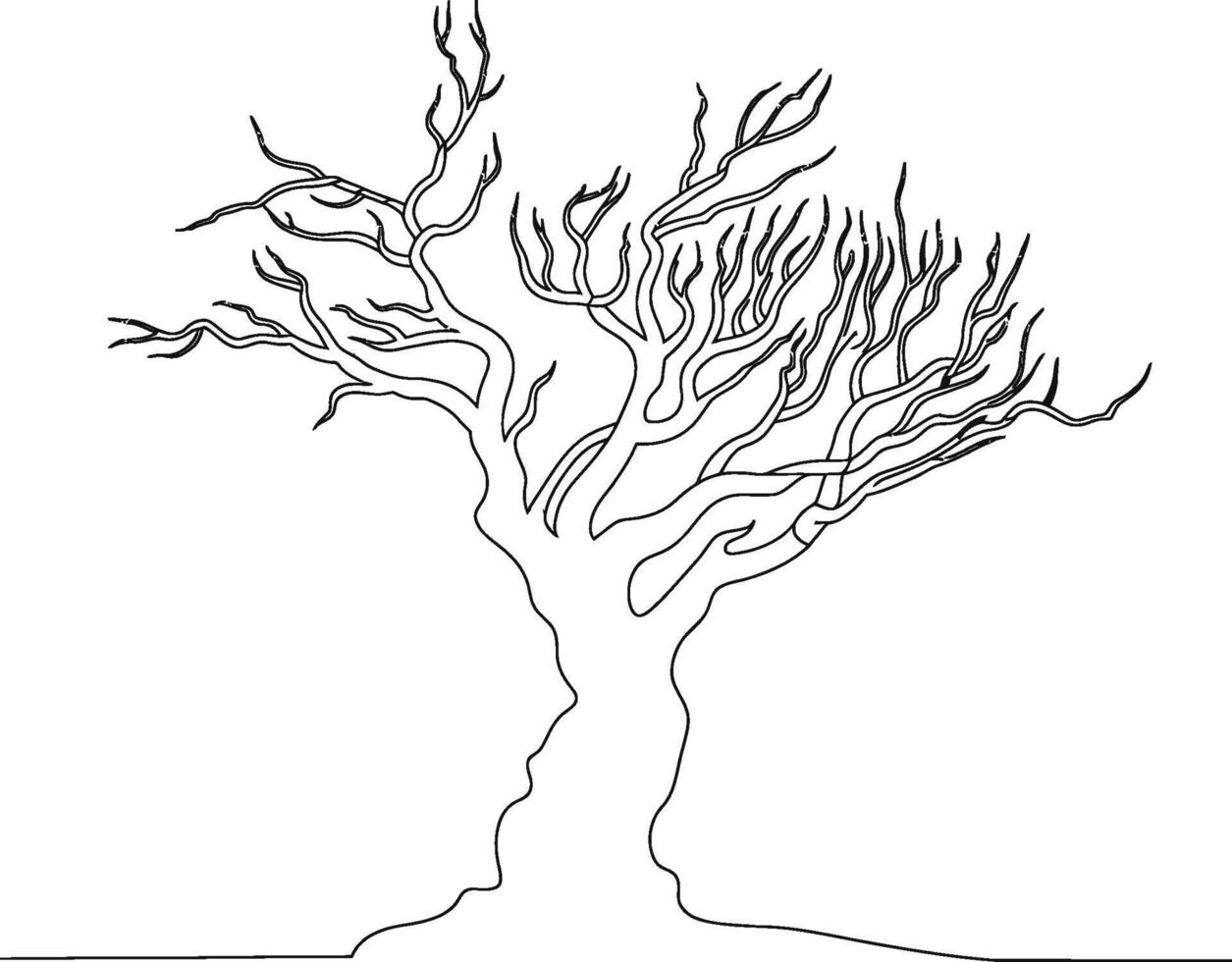 Minimalist black line art depicting a bare tree silhouette with human face profile vector