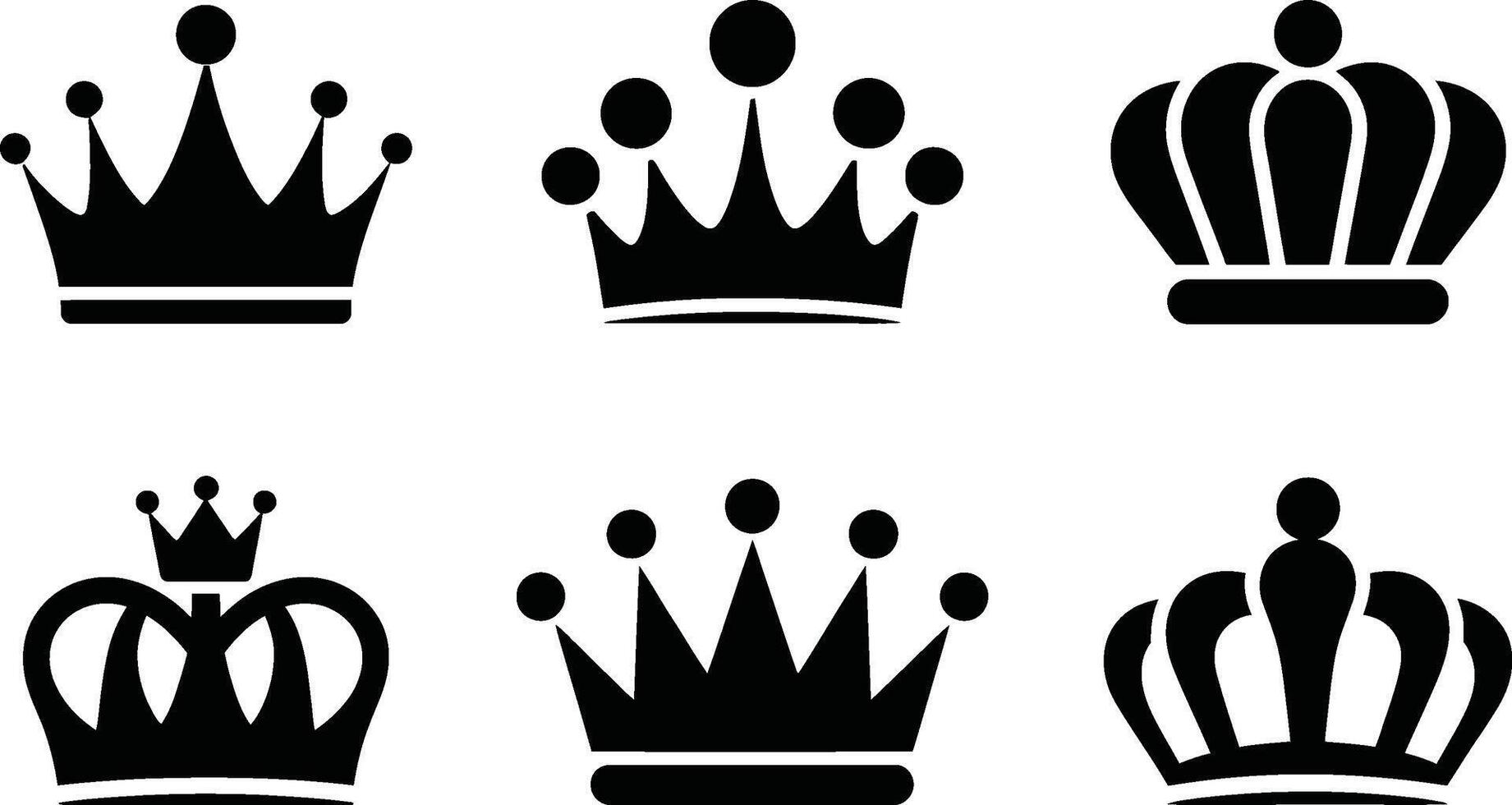 Set of six stylized black crown icons for royal royalty and heraldry designs vector