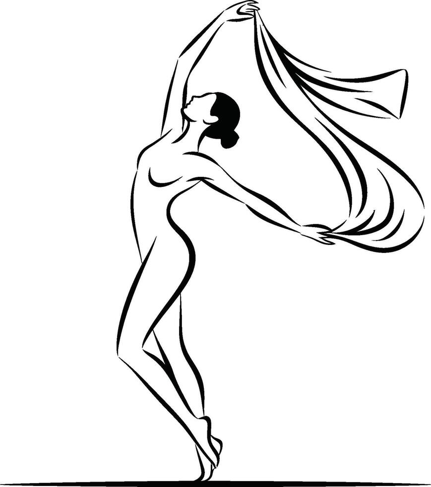 Elegant line art illustration of a graceful ballerina dancing with flowing fabric silhouette vector