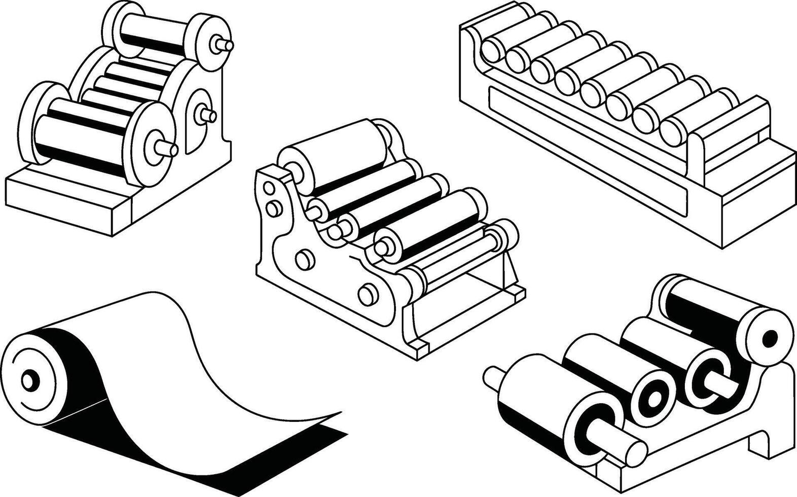 Illustrated black and white vintage printing press machines and paper roll elements vector