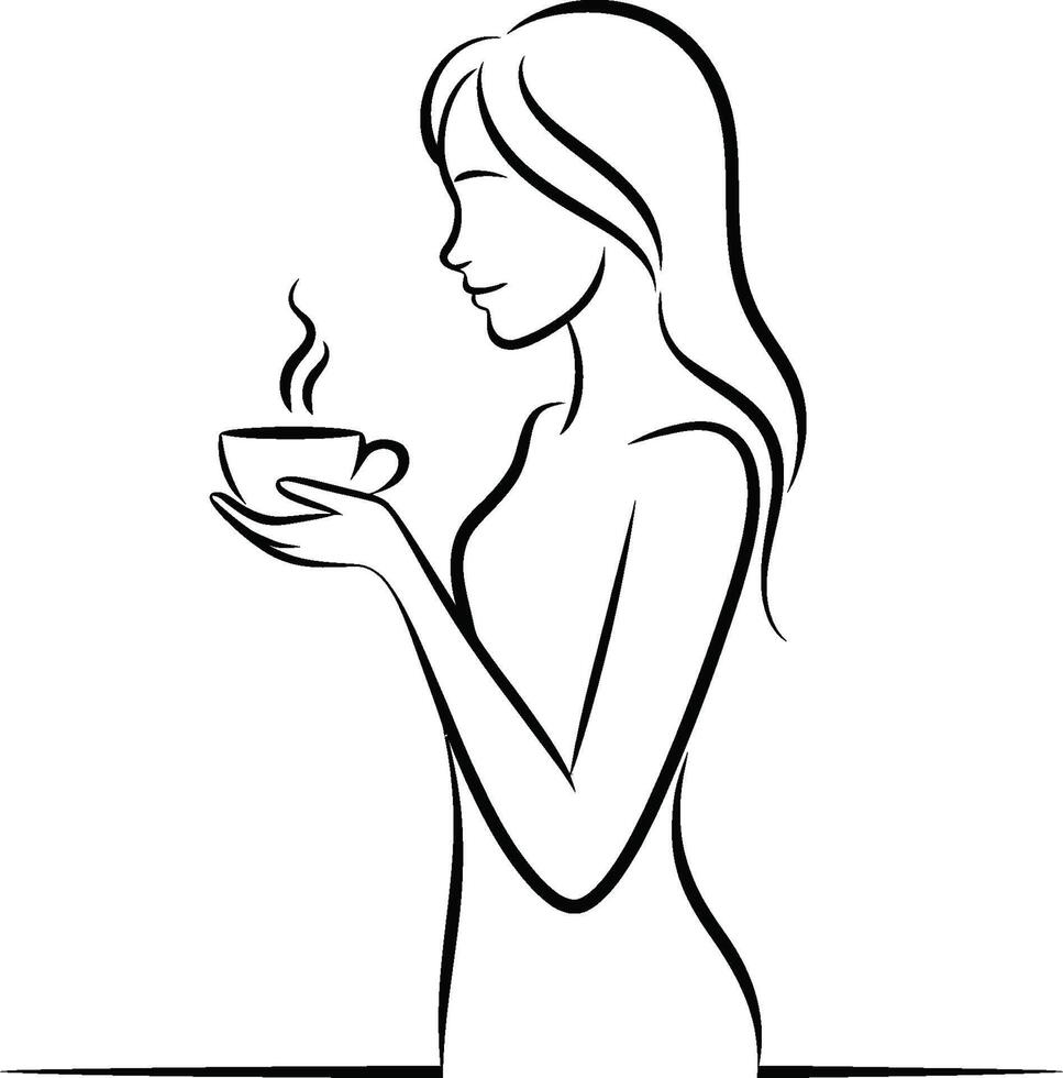 Elegant line art illustration of a woman enjoying coffee or tea in a relaxing moment vector