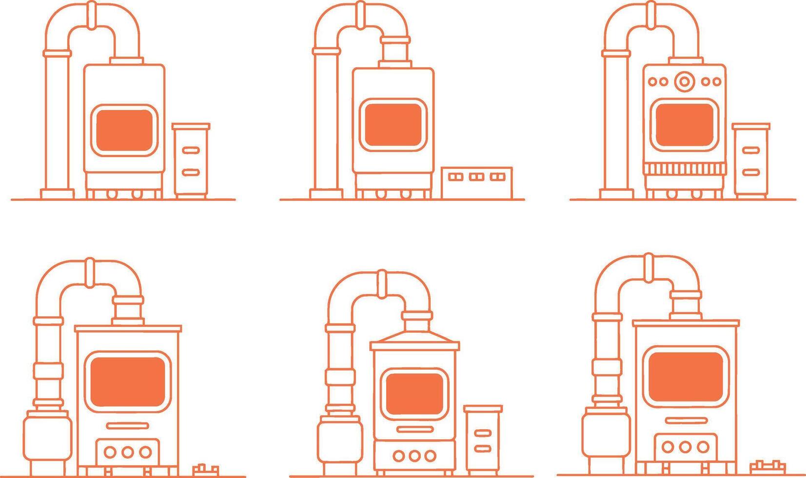 illustrations of various gas heating systems in orange line art style vector