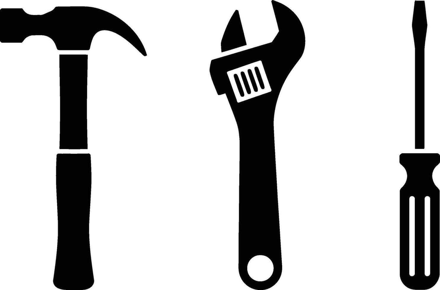 Black and white tool icons representing hammer adjustable wrench and screwdriver for repair and construction vector