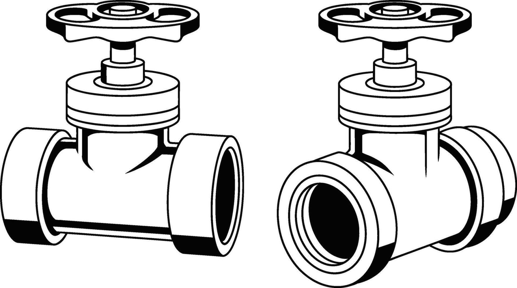 Two detailed black and white illustrations of industrial water shut off valves ready to be used vector