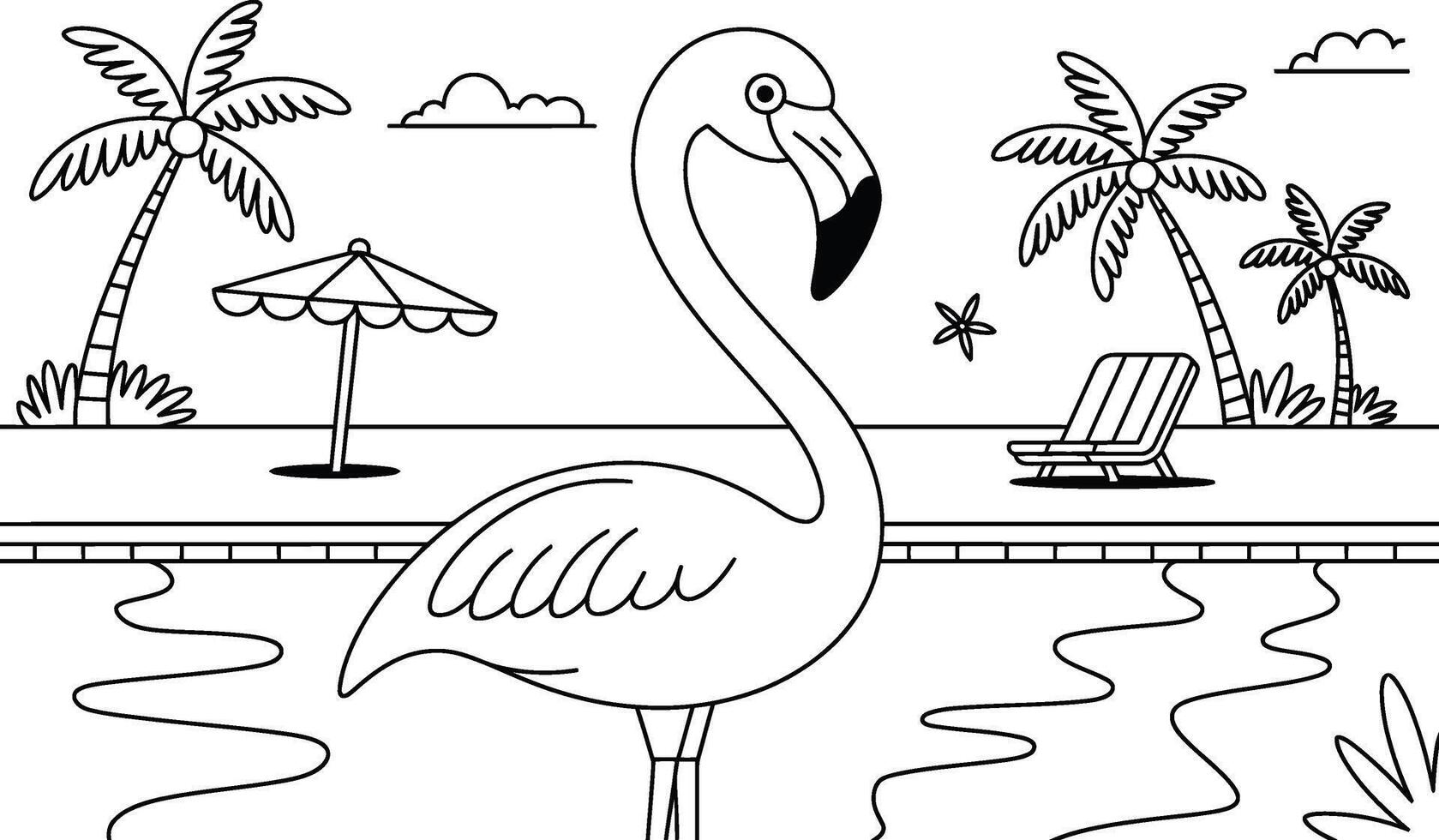 Black and white tropical illustration featuring a flamingo palm trees and beach elements vector