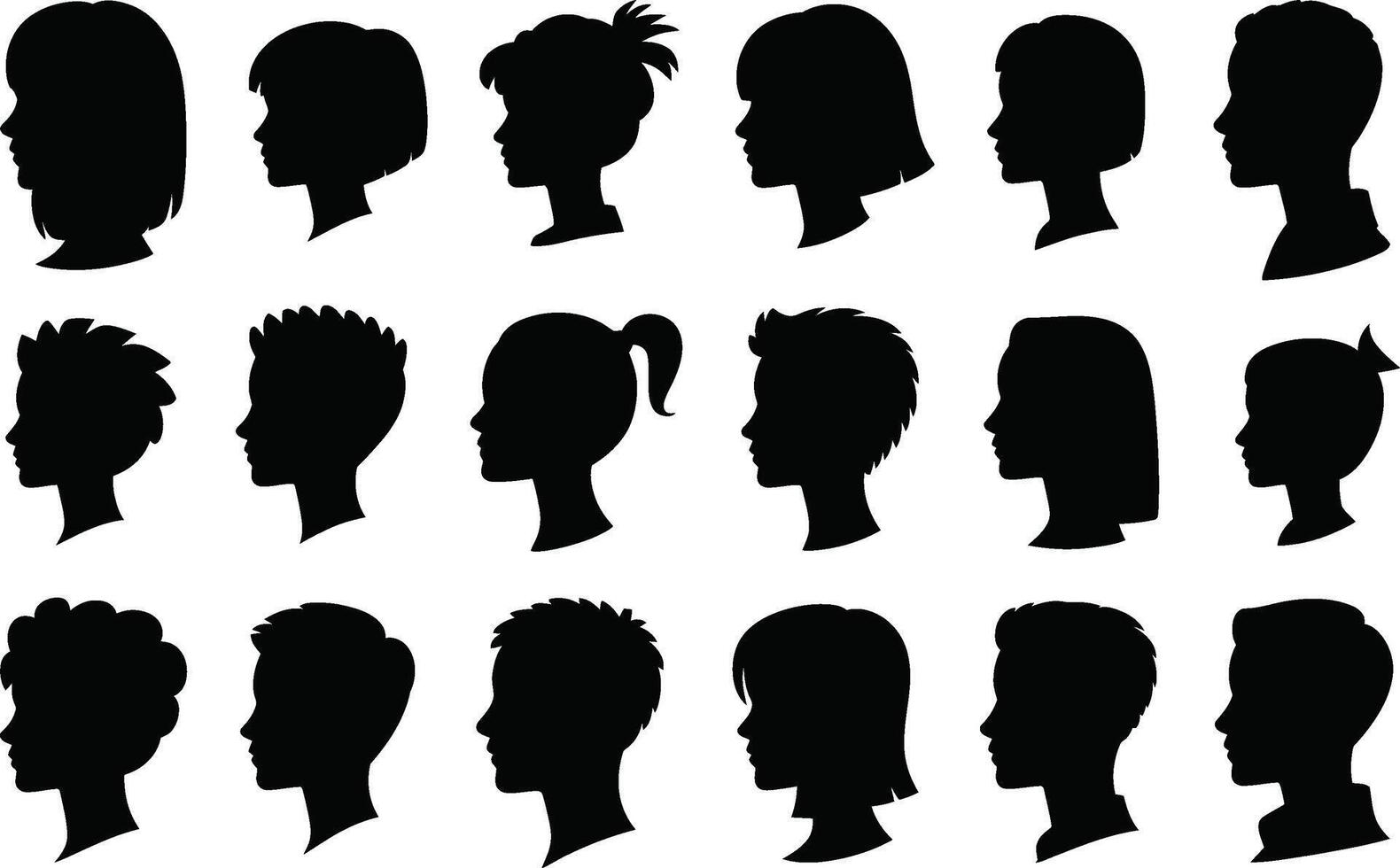 Collection of stylish head silhouettes featuring diverse hair styles in black and white design vector