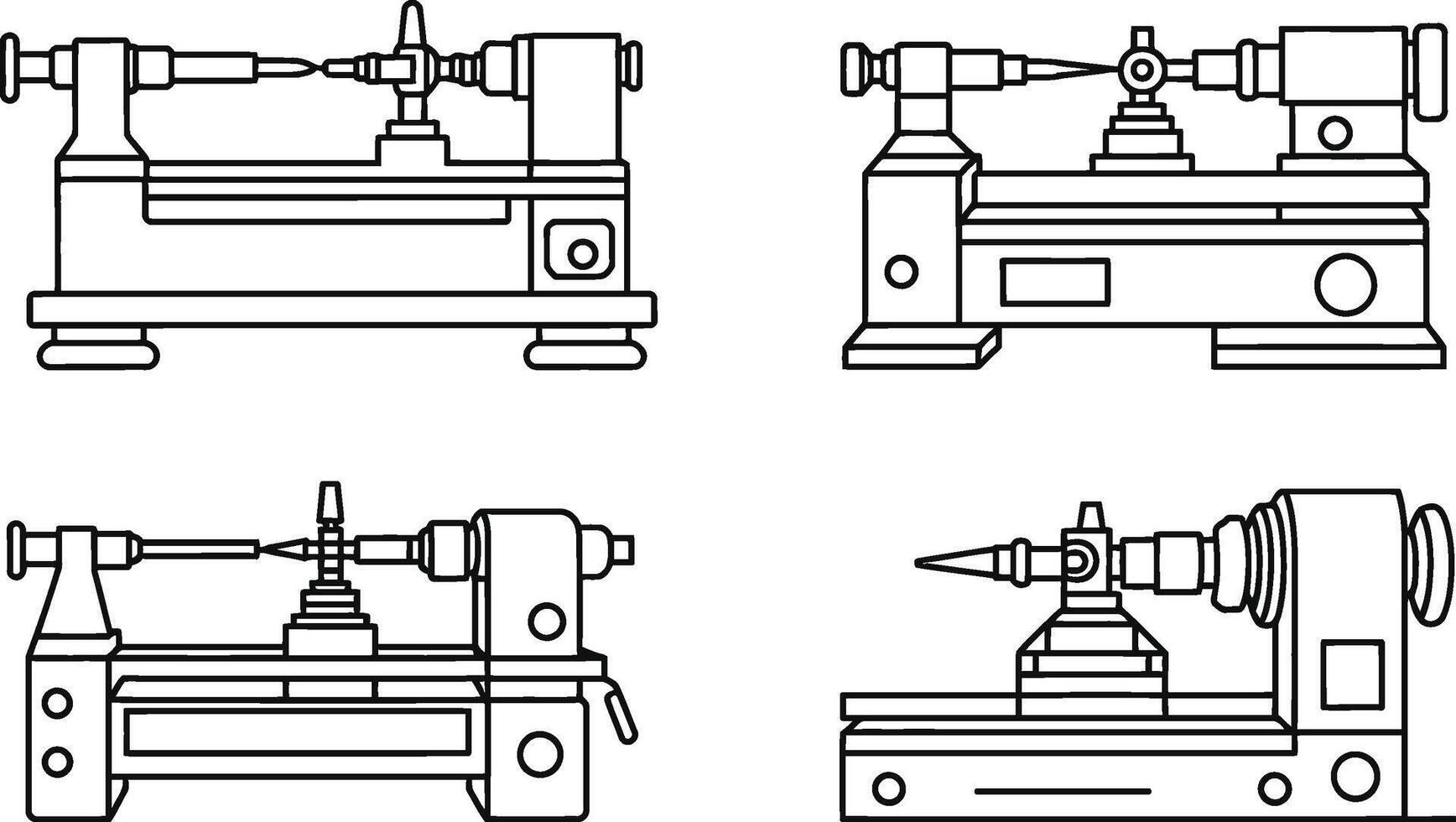 Illustrated black and white lathe machine drawings showing engineering and manufacturing equipment vector