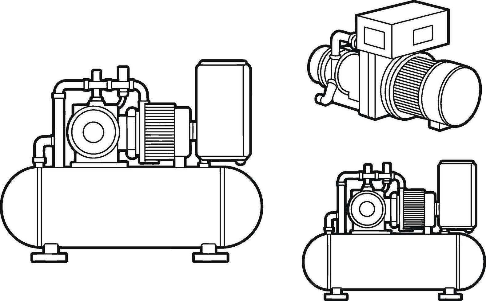 Illustrated line art of an air compressor with multiple perspective views for design and engineering vector