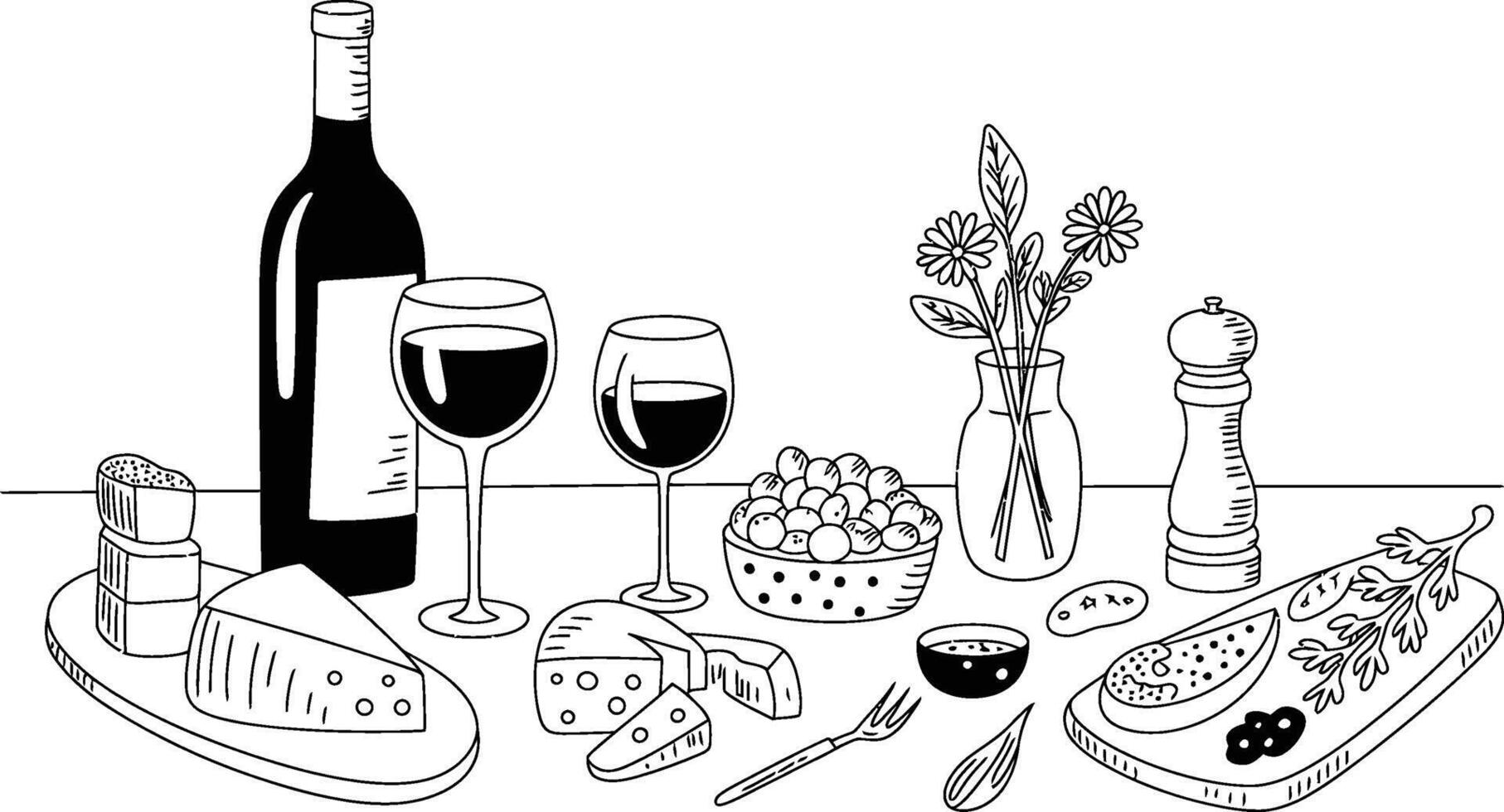 Elegant black and white illustration of a gourmet meal featuring wine cheese and appetizers vector