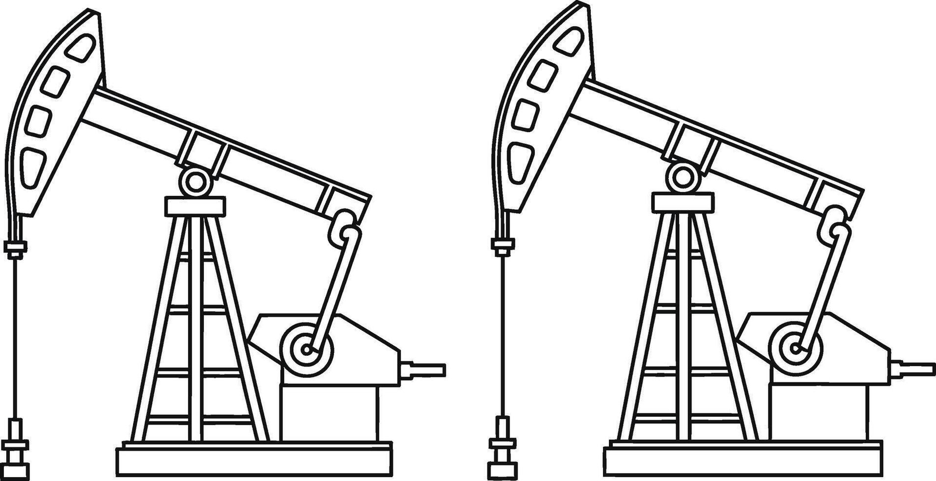 Two detailed outline illustrations of traditional oil derrick pumping rigs in black and white vector