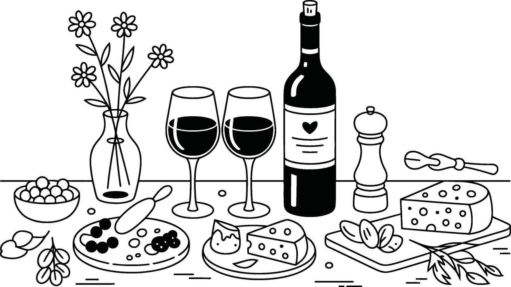Elegant wine and cheese arrangement with flowers and gourmet food in black and white vector