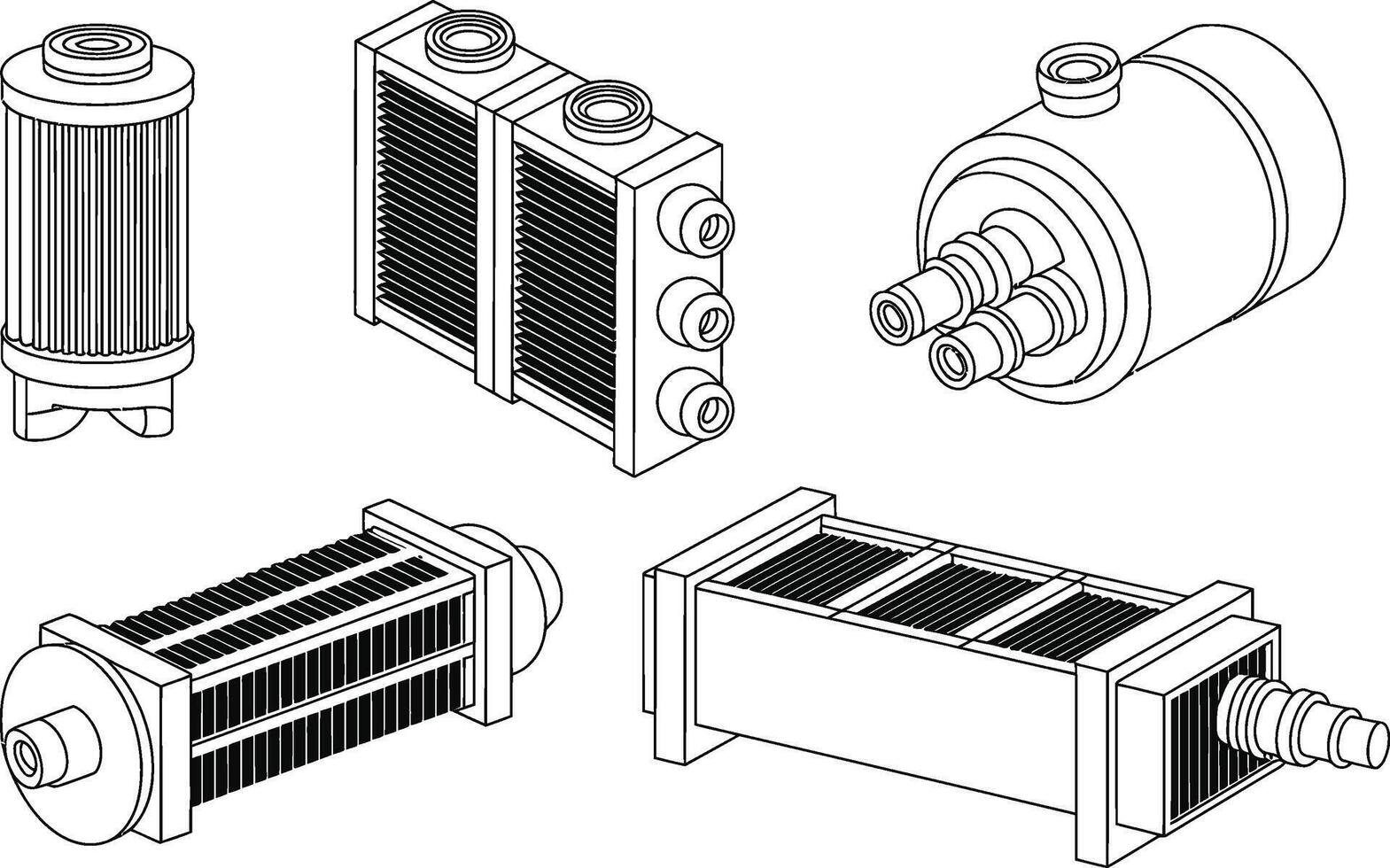 Isometric view illustrations of various industrial heat exchanger and filtration components vector