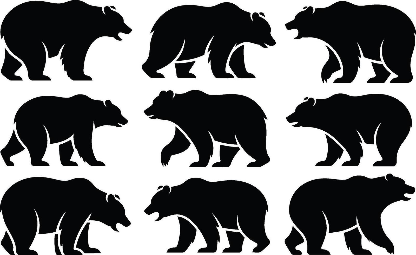 Black silhouette illustrations of various grizzly bear poses for design or background use vector