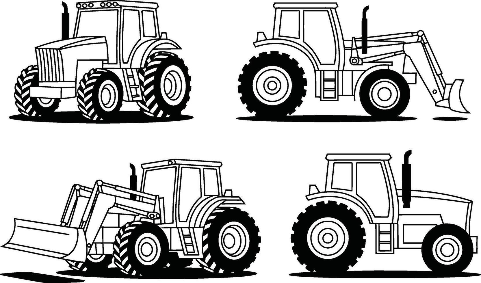 Set of four stylized black and white tractor illustrations for construction and agriculture vector