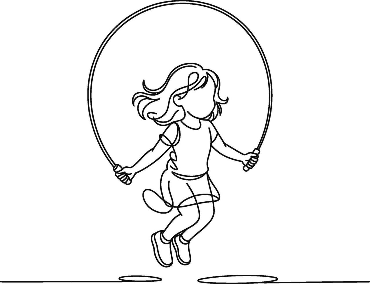 Simple line art illustration of a young girl joyfully jumping rope on a white background vector