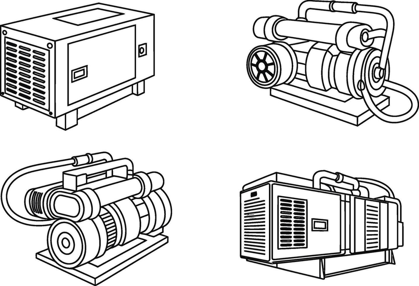 Line art illustrations of various industrial air compressors and related equipment in isometric view vector