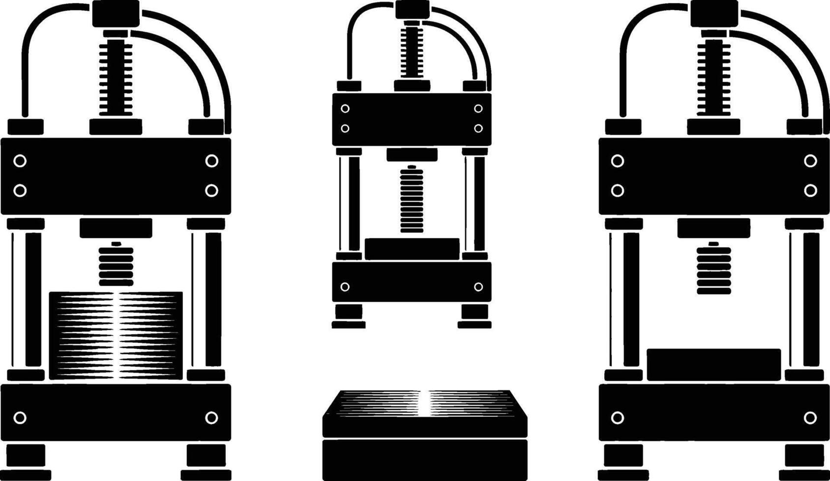 Illustrated image of a mechanical press machine in different stages and views vector