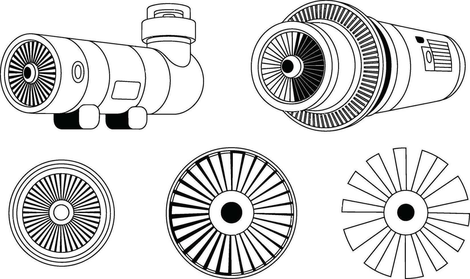 Line art illustration of jet engine components and rotating fan blades designs vector