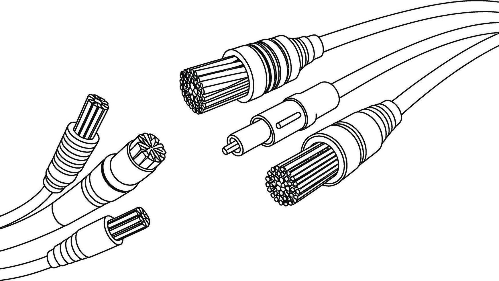 Black and white schematic illustration of various electrical connectors and cables isolated on a white backdrop vector